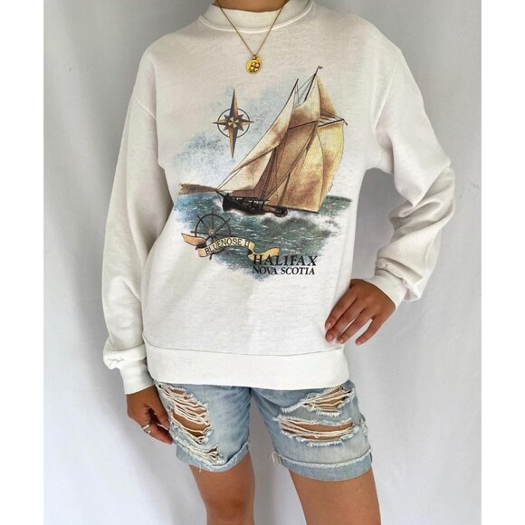 80s vintage nova scotia halifax canada coastal sailing graphic pullover sweater - Picture 2 of 9